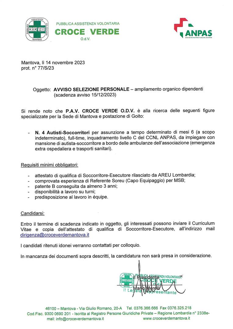 AVVISO SELEZIONE PERSONALE - ampliamento organico dipendenti (scadenza avviso 15/12/2023)