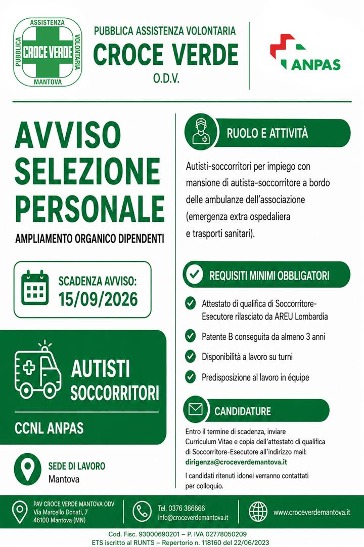 Avviso di selezione personale – Autisti-Soccorritori 2026